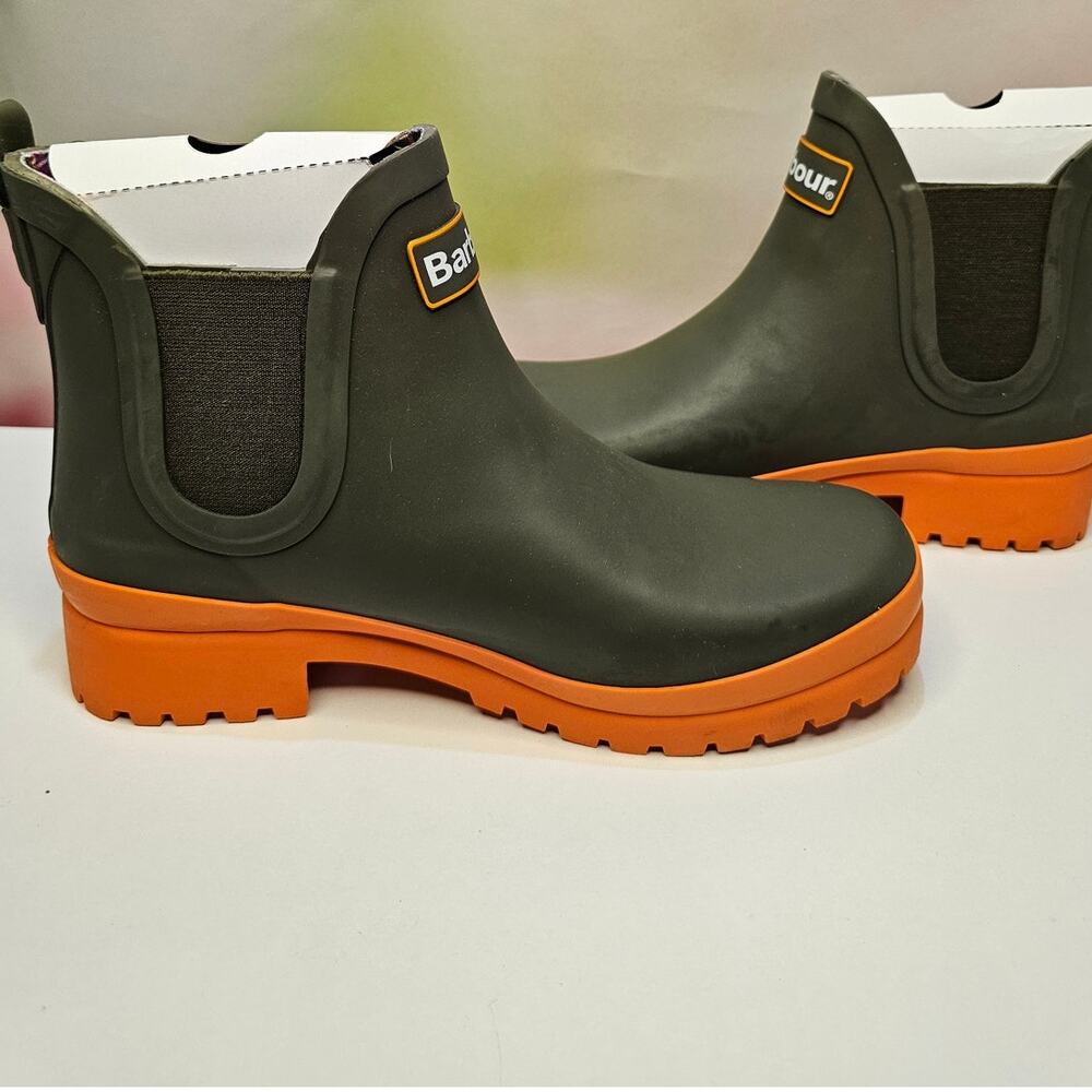 Barbour Olive Green and Orange Chelsea Rain Boots - Picture 3 of 9